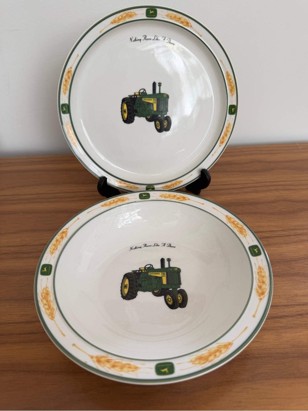 JOHN DEERE Salad Plate & Soup Bowl Ceramic Tractor Wheat Logo Farmcore Country